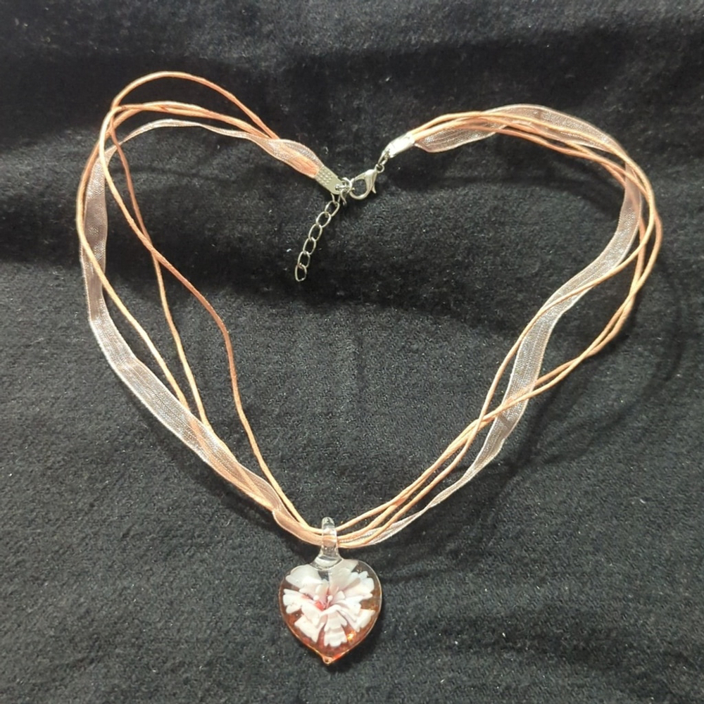 Silver Tone Pink Orange Peach White Floral Flower Art Glass Pendant Necklace